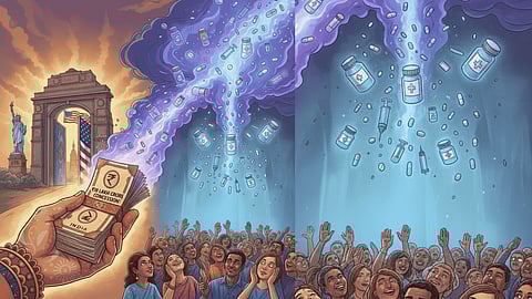 Hand offering money, medicines flowing, crowd looking up.