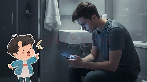 a young man uses mobile phone in bathroom