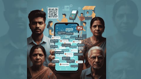 People looking at phone filled with small UPI transaction SMS.