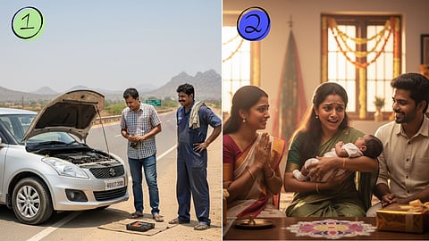 A man mechanic fixes a broken down car and a woman holding a baby