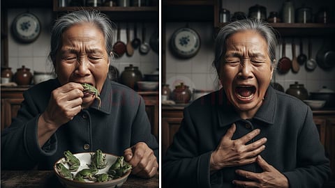 82 year-old Chinese woman eat a frog and screams in pain