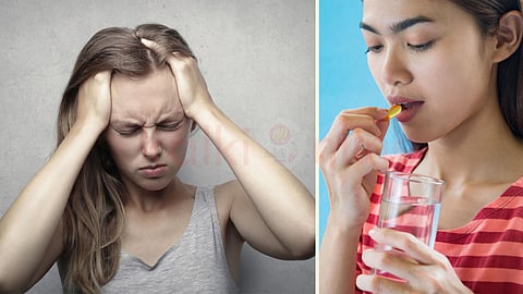 a woman in stress and eating tablet