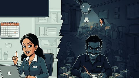 A man in dark office fakes wife’s job in two tech firms