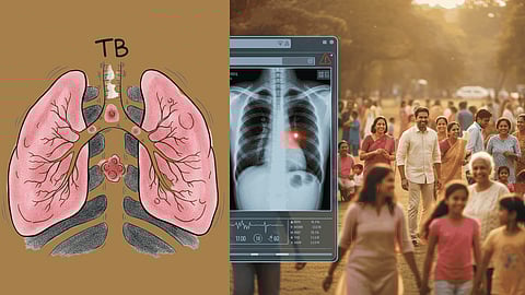 Lung diagram and X-ray showing TB with people walking nearby