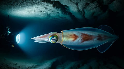 Squid illuminated by underwater camera in deep ocean