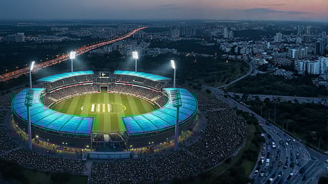 Concept illustration showing Coimbatore international cricket stadium at night
