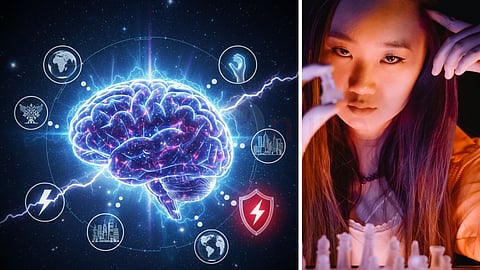 powerful brain and a woman play chess