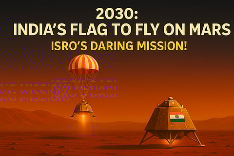 ISRO lander on Mars with Indian flag, 2030 mission scene