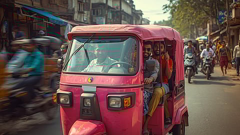 men driving pink auto