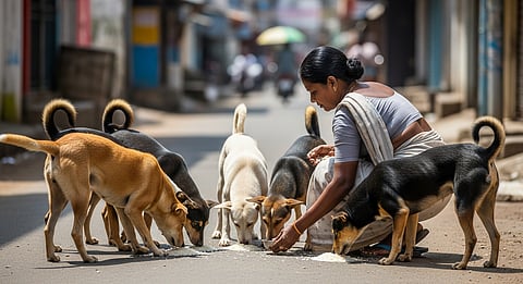 Woman feeds stray dogs on Adyar street