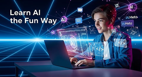 Teen coding with AI holograms and Meta logos in neon setup