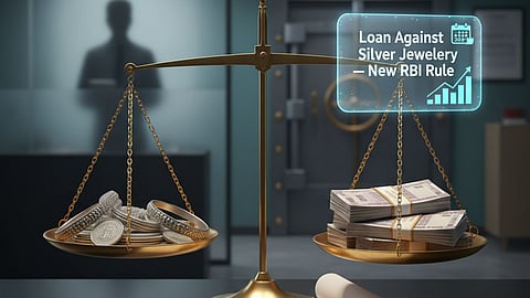 Silver ornaments on desk with RBI loan rule display