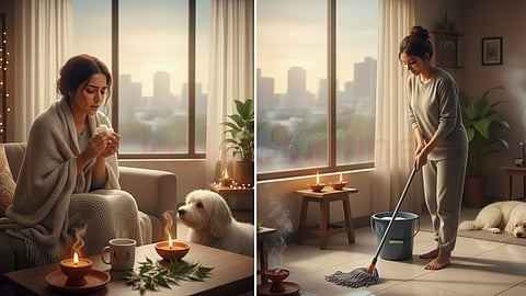 a woman mopping the floor and Unwell woman