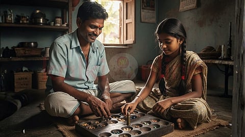 Father and daughter Playing Pallanguzhi