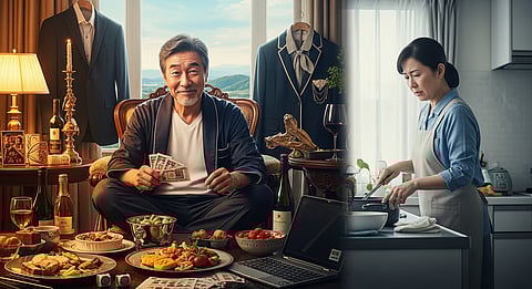 Rich man relaxing with money while his wife cooks modestly in kitchen