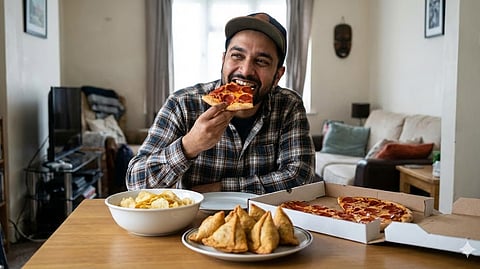 man eating pizza