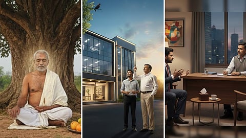 a Sage & 2 business man speaking & a business man speak with Psychiatrist