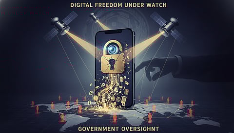 Smartphone tracked by satellites symbolizing government watching