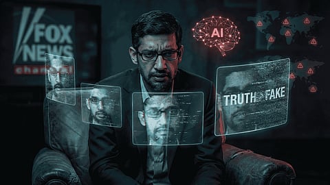 sundar pitchai by AI screens symbolizing deepfake and truth vs fake