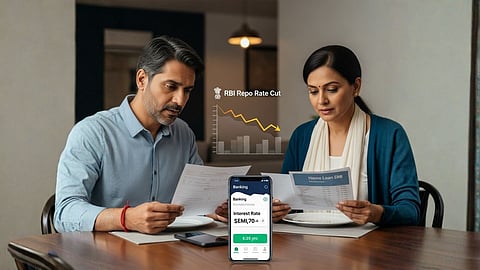 Indian couple reviewing home loan EMI documents after RBI repo rate cut