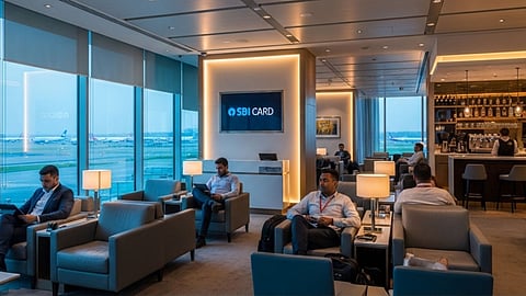 People seated in an SBI Card airport lounge overlooking the runway through large windows.