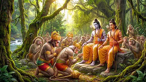 Rama, Lakshmana, Hanuman, Vali and Sugriva