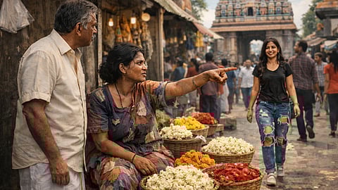 A flower vendor woman, old man and a young woman