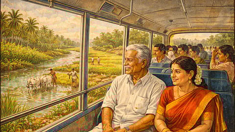 Old couple travel through bus