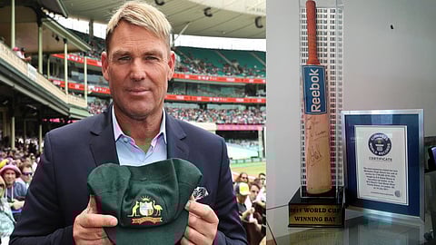 Shane Warne baggy green cap, Dhoni's World Cup-winning Bat