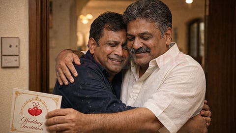 Two old male friends meeting