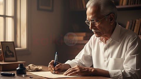 Old man writing with ink pen
