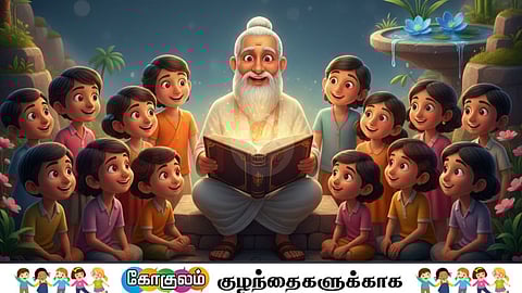 Old man telling story to the children