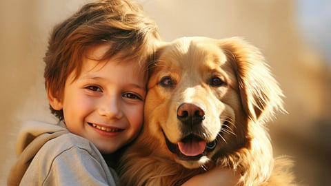 boy hugs the dog (Pets)