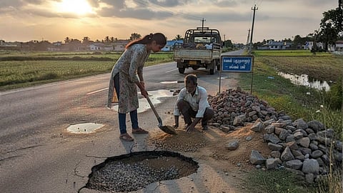 woman and her father filling the potholes on the roads