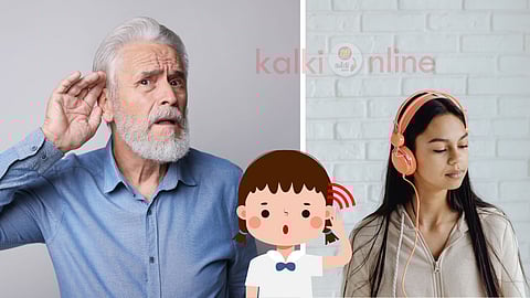 An old man with hearing problem and a girl using headphone
