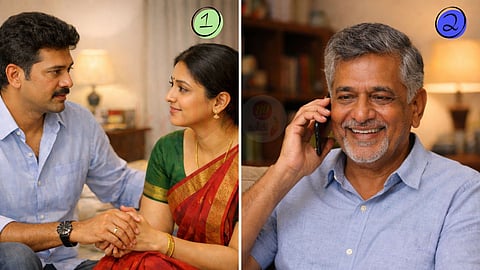 husband and wife and a man speaking on the phone