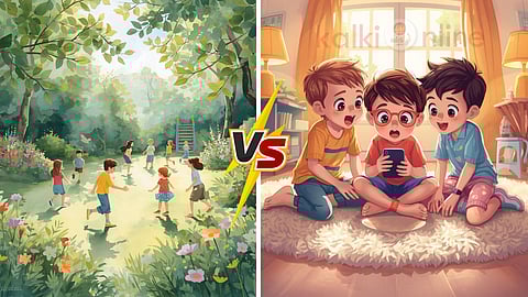 Childrens playing games in playground and in mobile