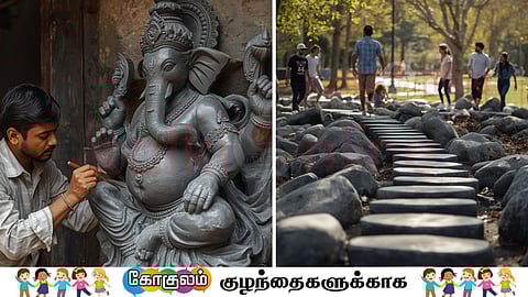 A stone become a statue and a stepping stones