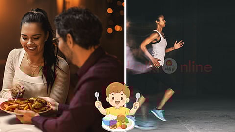 Couples eating dinner and a girl running