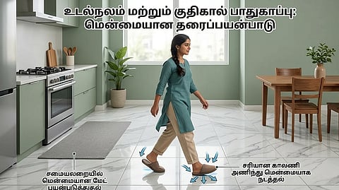 Walking on the tiles floor