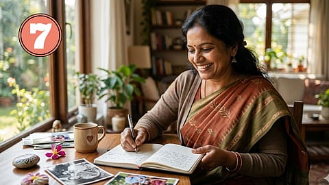 A woman is writing happily.