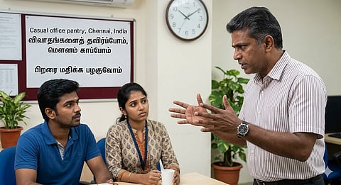 man talking and two persons listening silently