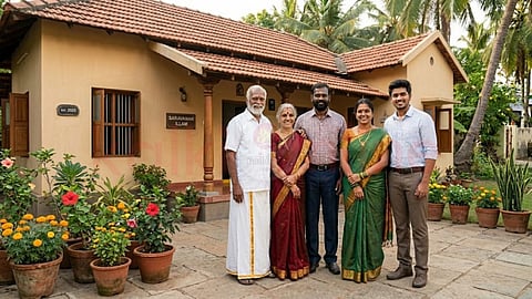 Family in front of house