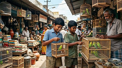 Two children buy parrots in moore market