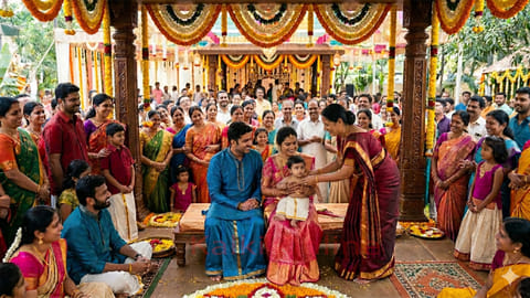 பாட்டி பேரனுக்கு தங்க செயின் போடுகிறார்.