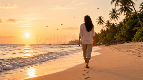 Sunset stroll on a tranquil beach