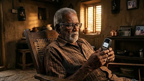 An elderly man is sitting and looking at a phone