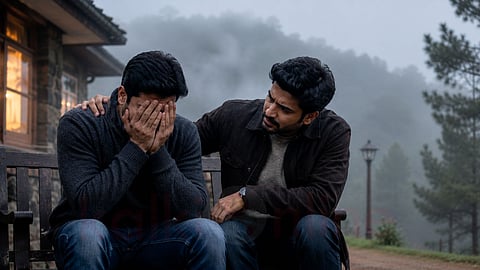 Two men is sitting with sad