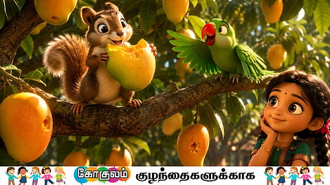 Girl, squirrel and parrot