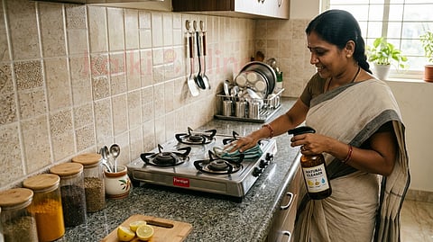 A women cleaning the kitchen|சமையலறை பராமரிப்பு